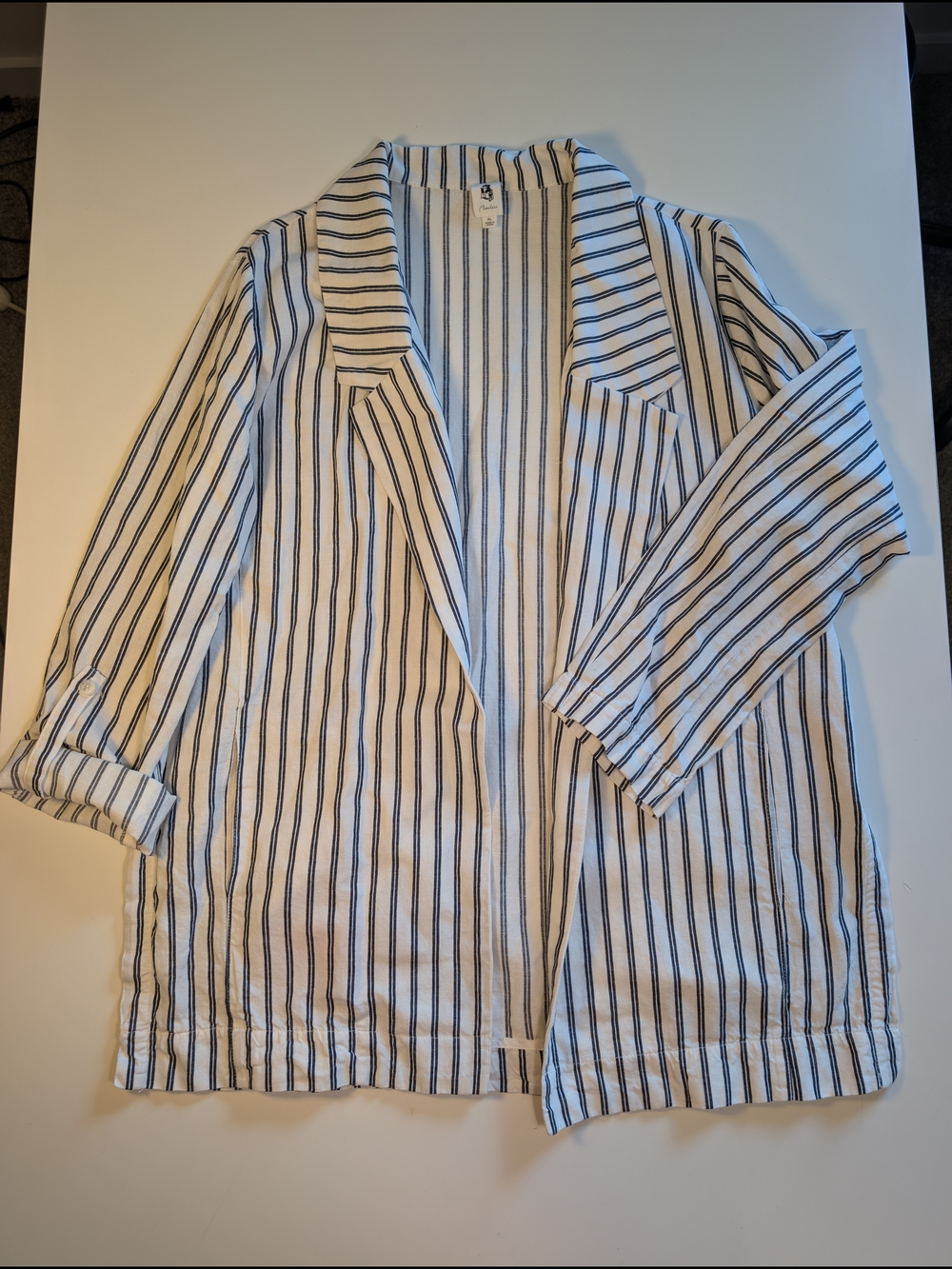 Flawless Linen Blend Striped Open Blazer XL White Navy Coastal Grandma Duster